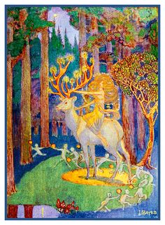 a painting of a man riding on the back of a white deer in a forest