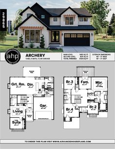 two story house plan with three car garages and an open floor plan for the front