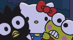 two cartoon characters are standing next to each other in front of a hello kitty sign