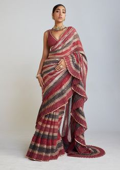 Vvani By Vani Vats-Multicolor Pre-Draped Sari And Blouse-INDIASPOPUP.COM Multicolor Saree, Vani Vats, Saree Georgette, Vacuum Storage, Drape Saree, Ready To Wear Saree, Georgette Blouse, Wear Saree, New Fashion Trends