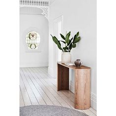 there is a potted plant in the corner of this room with white walls and wood flooring