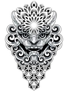 an artistic mask with intricate designs on it's face and eyes, in black and white