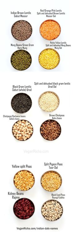 different types of beans in bowls on a white background with the names and description below