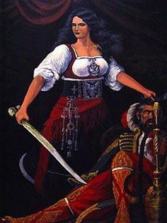 a painting of a woman holding two swords and standing next to a man in costume