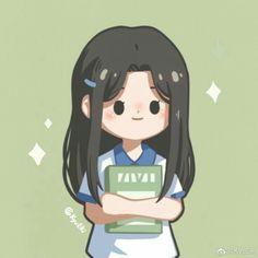 a girl with long black hair is holding a book