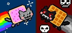 two pixel art pictures one has a cat and the other has a rainbow