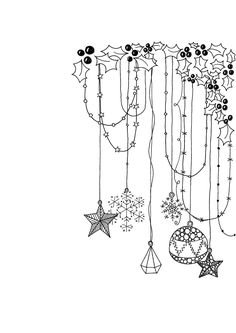 a drawing of christmas decorations hanging from the ceiling with stars and holly garlands on them