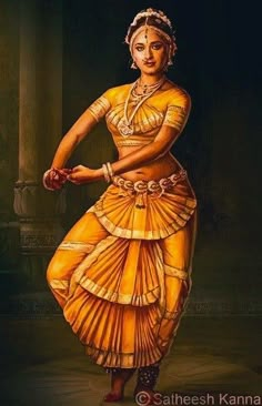 a painting of a woman dressed in yellow and wearing an elaborate headdress, with her hands on her hips