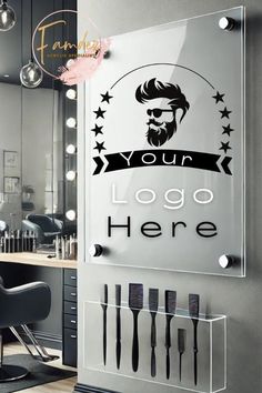 a barber shop with scissors and combs on the wall next to it's logo