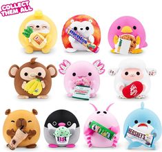 the toy animals are all different colors and flavors, but one is holding a candy bar