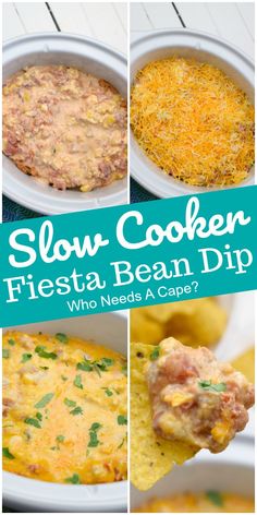 slow cooker fiesta bean dip recipe collage with text overlay that says slow cooker fiesta bean dip