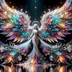 an angel with colorful wings is standing in front of a body of water and stars