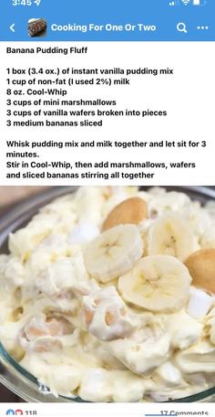 banana pudding fluff recipe in a bowl with ingredients listed on the bottom right side