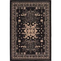 a black and beige rug with an intricate design on the bottom, in front of a white background