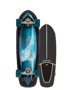 the longboard is blue and black with an image of a wave on it's side