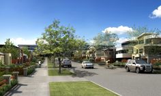 an artist's rendering of a residential area with cars parked on the street