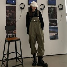 Black Overalls Outfit Grunge, Green Overalls Outfits, Overalls Outfit Winter, Black Overalls Outfit, Overalls Outfits, Green Overalls, Spring Summer Autumn Winter, Black Overalls