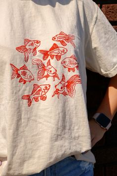 they need a koi fish emoji before i start having suicidal thoughts Art Graphic Tees, Screen Printed T Shirt, Cute T-shirts, Fish Emoji, Fun T Shirts, Fish T Shirt, Womens T Shirts, Orange Outfit, Linoleum