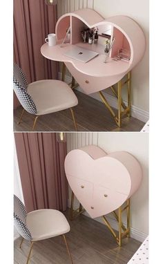 two photos of a desk with a heart shaped shelf on top and a chair underneath