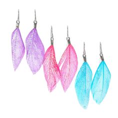 3 Pack Feather Drop Glitter Earrings Claires Ear Piercing, Pink Drop Earrings, Piercing Kit, Glitter Jewelry, 14k Gold Hoop Earrings, Small Gold Hoop Earrings, Purple Feather, White Gold Hoops, Small Gold Hoops