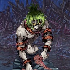 a cartoon character with green hair and white skin holding a knife in one hand while standing on top of a pile of rubble