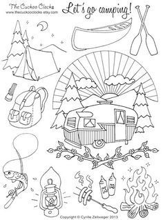 the camping coloring page is filled with pictures and words, including an image of a camper's tent