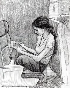 a drawing of a woman sitting on a chair reading a book while another person sits in the background