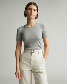 The Luxe Micro-Rib Crew Heathered Grey – Everlane Basic Ribbed Short Sleeve Top, Fitted T-shirt With Ribbed Neckline, Fitted T-shirt With Ribbed Neckline For Everyday, Everyday Fitted T-shirt With Ribbed Neckline, Spring Everlane Tops, Everyday Fitted Everlane Tops, Fitted Everlane Tops For Everyday, Everlane Tops For Everyday Spring Wear, Everlane Casual T-shirt