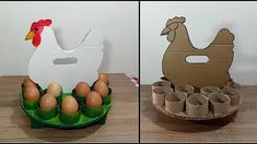 an egg carton with eggs in it next to a cardboard chicken