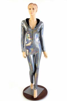 Silver Holographic Zipper Front Long Sleeve Hoodie Catsuit w/Black Zen Hood Lining Rave Festival Bur Silver Holographic, Rave Festival, Catsuit, Long Sleeve Hoodie, Front Zipper, Clothing Items, Festival, Zipper, Clothes For Women