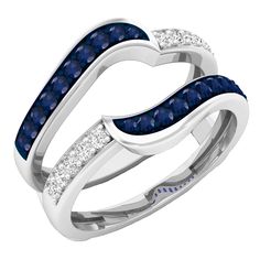 two rings with blue and white diamonds on each one, set in 18k white gold