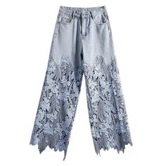 Women Hollow Lace Patchwork Wide Leg High Waist Blue Jeans Summer Fashion Pants | eBay Cool Pants, Denim Decor, Pants Loose, Lace Splicing, Summer Jeans, Straight Trousers, Pantalon Large, Casual Trousers, Lace Panelled