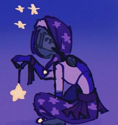 a drawing of a person sitting on the ground with their hands in their pockets and stars flying above them