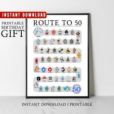 the printable route to 50 birthday gift is displayed in front of a white wall