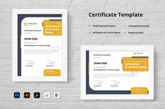 two certificate templates on a white brick wall