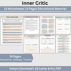 Inner Critic therapy resources, rooted in CBT, empower you to silence your inner critic, boost self-esteem, and foster self-compassion. Counseling office therapy  resources Therapy Cheat Sheet, Health Worksheets, Self Esteem Worksheets, Positive Self Esteem, Counseling Office, Cognitive Behavior, Life Coaching Tools