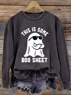 This is some boo sheet design  this can come in a sweatshirt, hoodie or short sleeve shirt or long sleeve  colors light gray, dark gray, black or white  this will be direct to film which like screen print. Boo Sheet, Round Neck Sweaters, Halloween Sweatshirt, Long Sleeve Sweatshirt, Wrap Sweater, Halloween Women, Printed Sweatshirts, Infinity Scarf