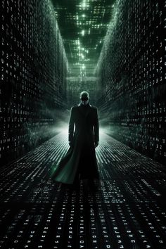 a man in a trench coat is walking through a dark tunnel filled with letters and numbers