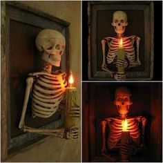 three pictures of a skeleton holding a lit candle