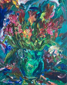 a painting of flowers in a blue vase on a table with green and red colors