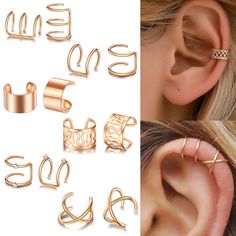 several different types of ear piercings in various shapes and sizes, including gold or silver