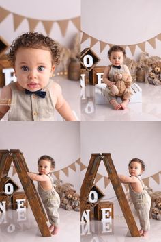 a collage of photos shows a baby in a bow tie and overalls sitting on a wooden letter