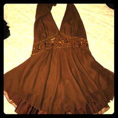 This Dress Details Are Stunning! Measurements In Pics 2010 Dresses, Halter Neck Prom Dress, Y2k Halter Top, Brown Clothes, Thrift Board, Thrift Inspo, Mom Fall, Brown Dresses, Inspired Aesthetic