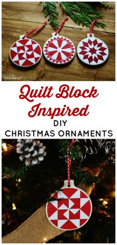 an ornament hanging from a christmas tree with the words quilt block inspired diy