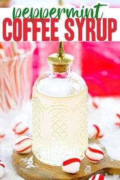 peppermint coffee syrup in a glass bottle with candy canes on the side