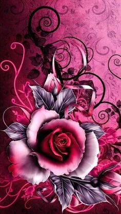 a pink rose with swirls and leaves on the bottom, in front of a purple background