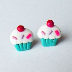 cute cupcake earrings! Pink Polymer Clay Birthday Earrings, Pink Polymer Clay Earrings For Birthday, Cute Polymer Clay Earrings For Birthday, Cute Polymer Clay Earrings For Birthdays, Sweet White Earrings For Birthday, Cute Blue Polymer Clay Jewelry, Cute Blue Jewelry For Birthday, Cute Blue Polymer Clay Earrings, Cute Blue Jewelry For Birthday Gift