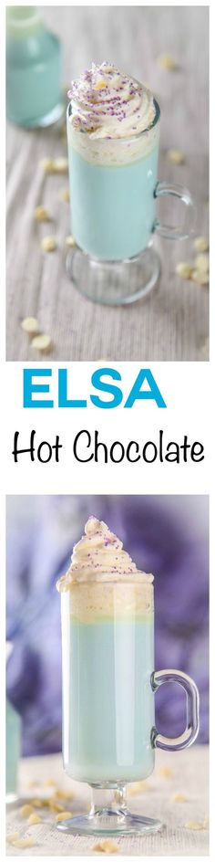 two photos with the words elsa hot chocolate on top and below it, in front of