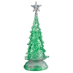 a green glass christmas tree with a star on top