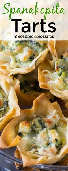 spinach and artichoke tarts with text overlay that reads, spanakopita tarts